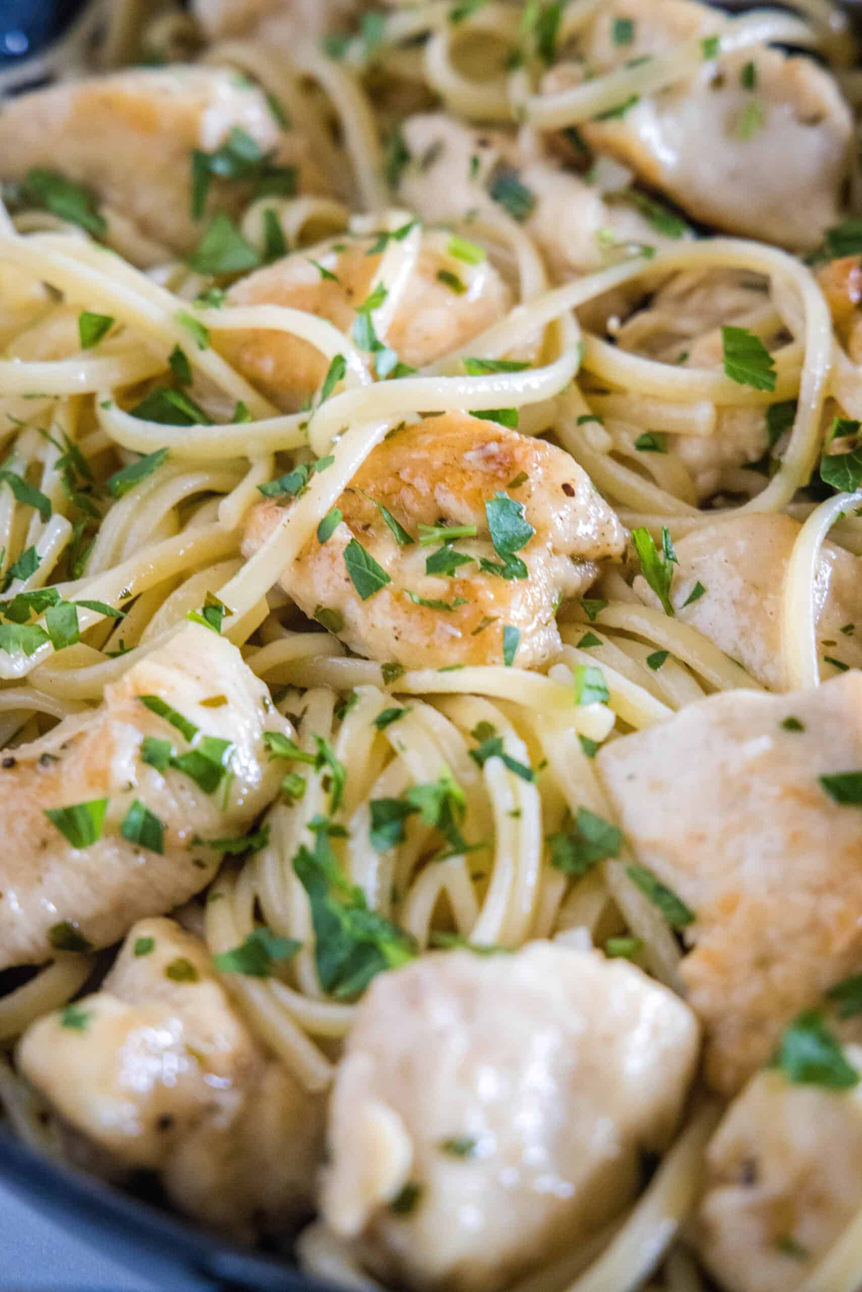 Close up of chicken scampi with spaghetti in a skillet.