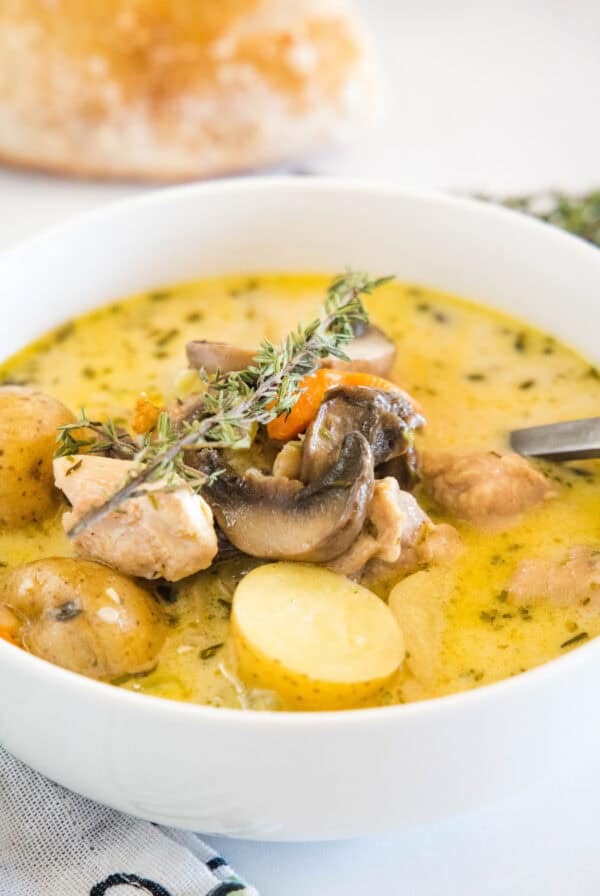 Chicken stew in a white bowl with a spoon.