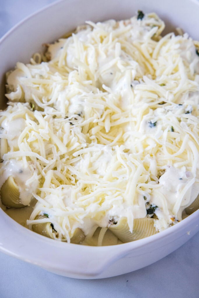 stuffed shells covered in sauce and cheese ready for the oven