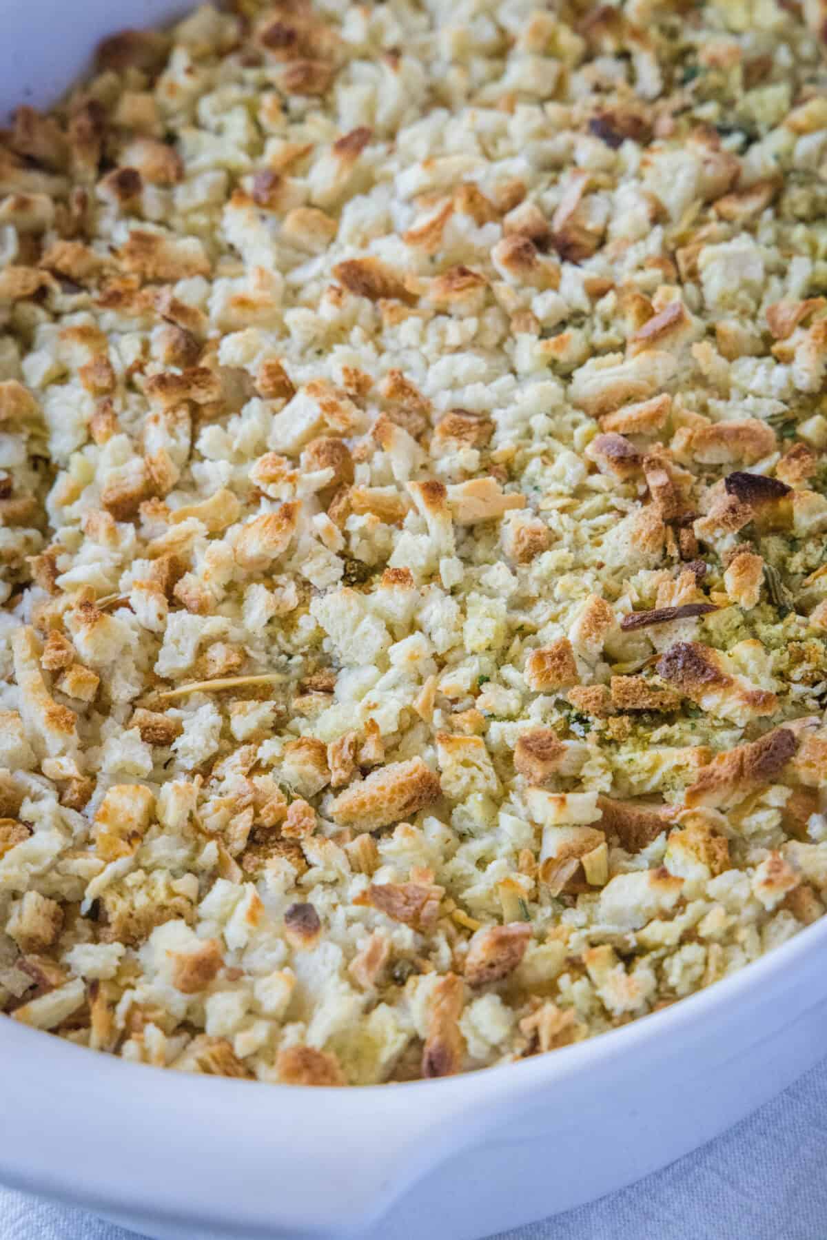 baked chicken stuffing casserole in baking dish