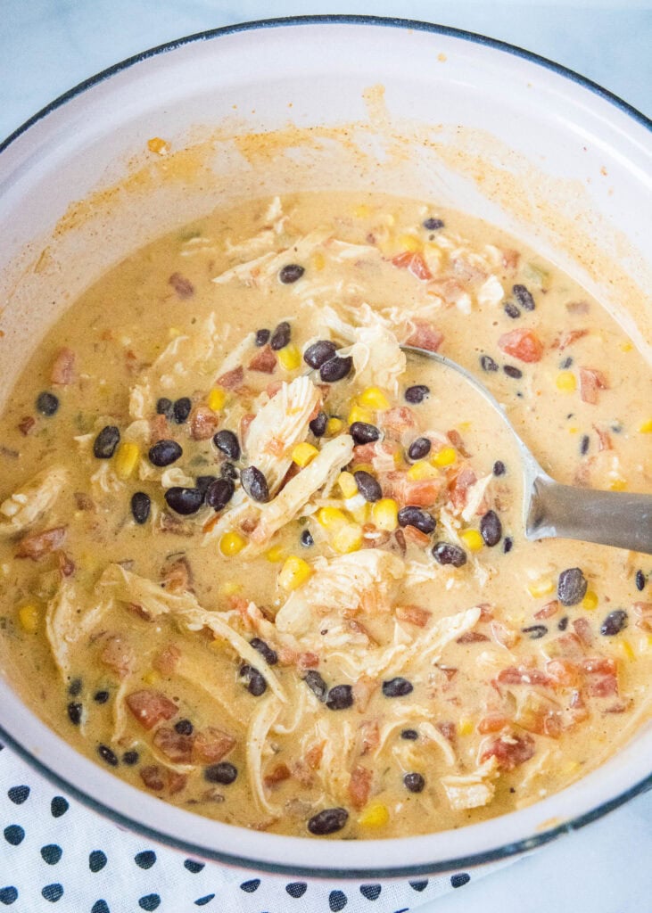 a pot of chicken taco soup with a ladle in it