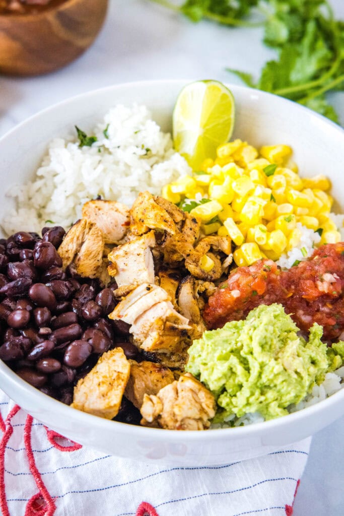 looking down on chipotle chicken in a mexican bowl
