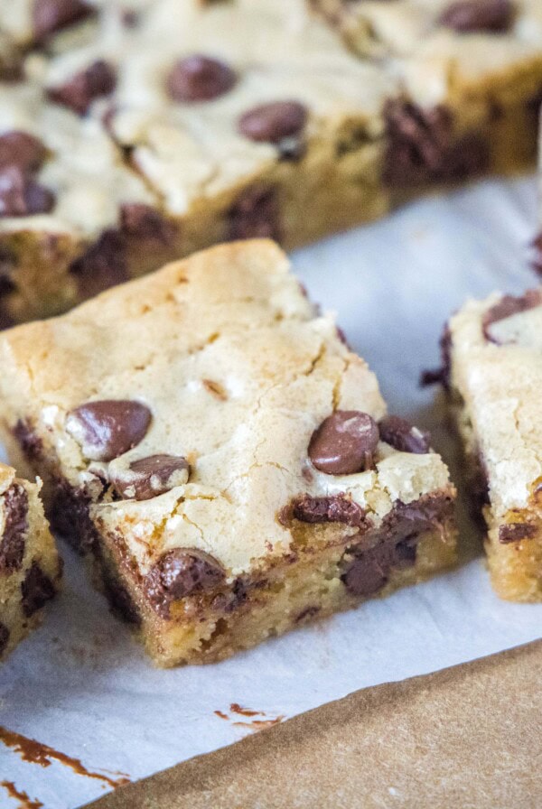close up blondies on a cutting board