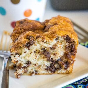 close up chocolate chip coffee cake on a plate