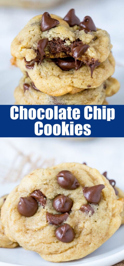 chocolate chip cookies stacked on a white plate