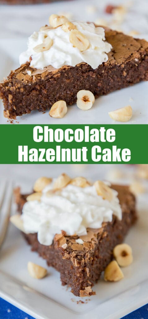 slice of chocolate hazelnut cake on a plate topped with whipped cream