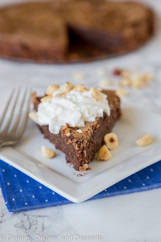 A piece of cake on a plate, with Hazelnut and Chocolate
