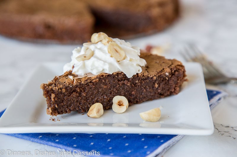 A piece of chocolate cake on a plate, with Hazelnut and Tart