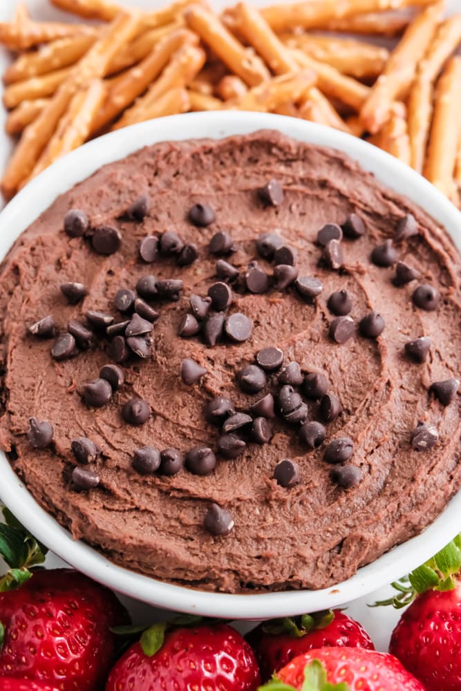 chocolate hummus in white bowl with pretzels and strawberries