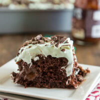 close up mint chocolate poke cake
