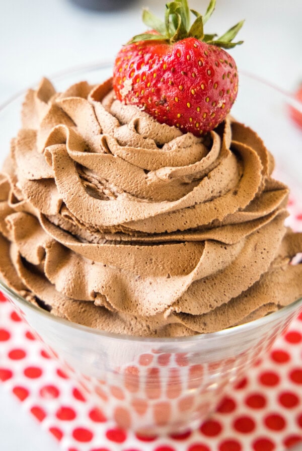 cropped close up chocolate whipped cream swirled in a glass