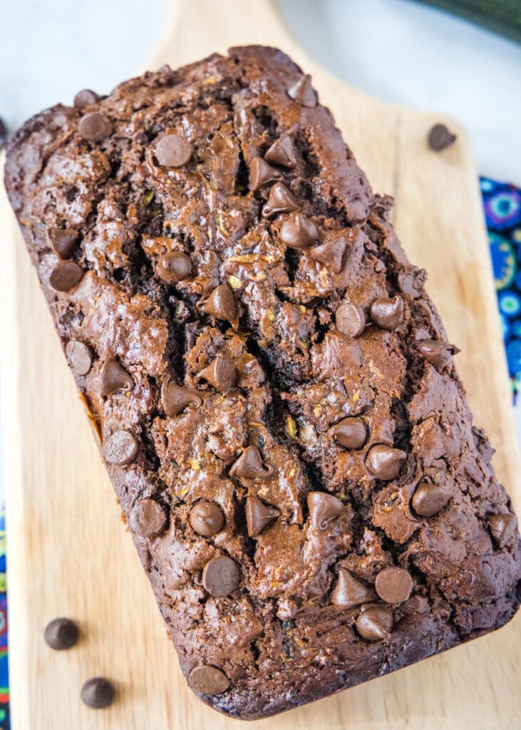 looking down on a loaf of chocolate zucchini bread