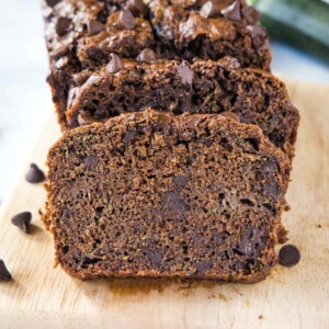 close up sliced chocolate zucchini bread