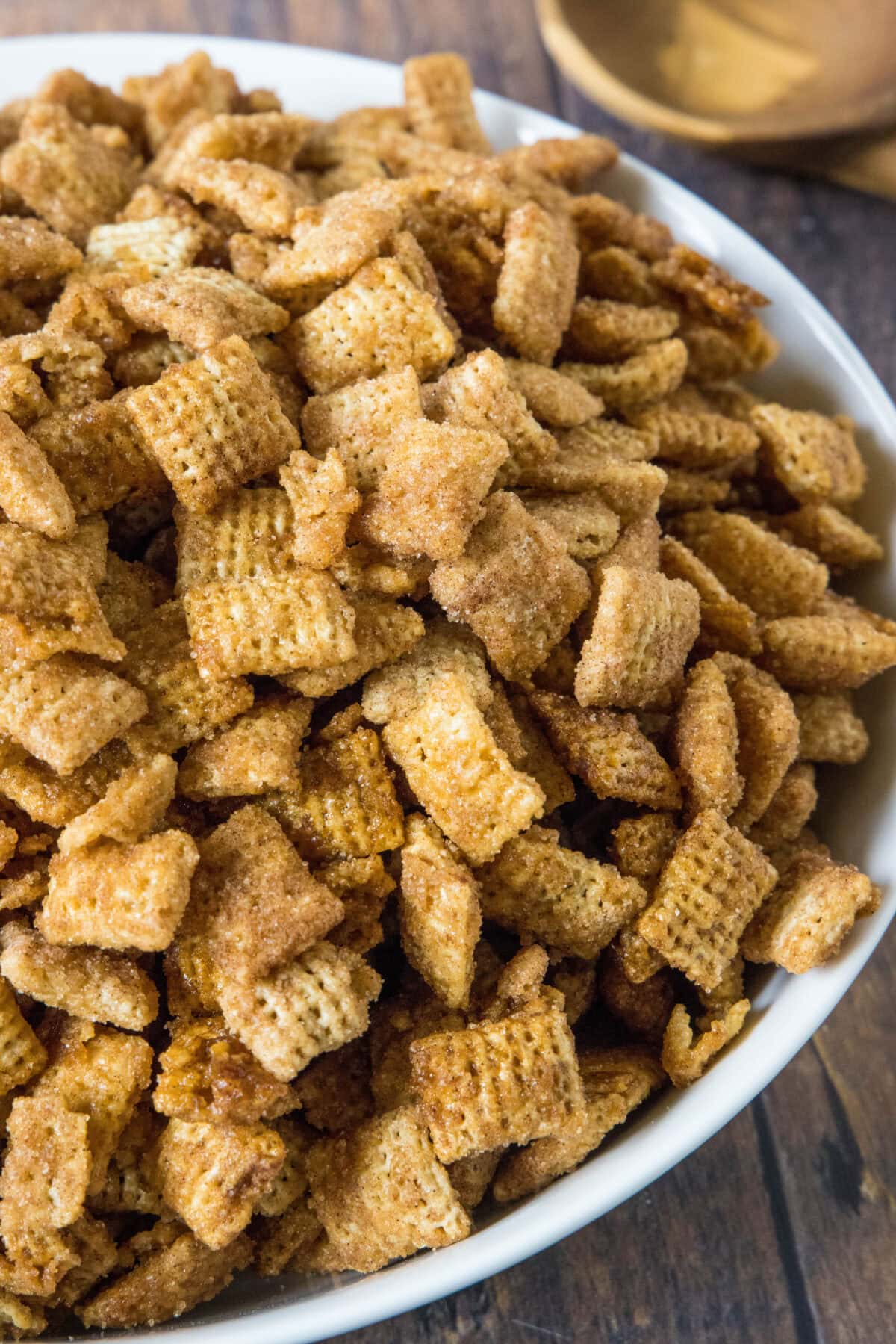 churro chex mix in a serving bowl