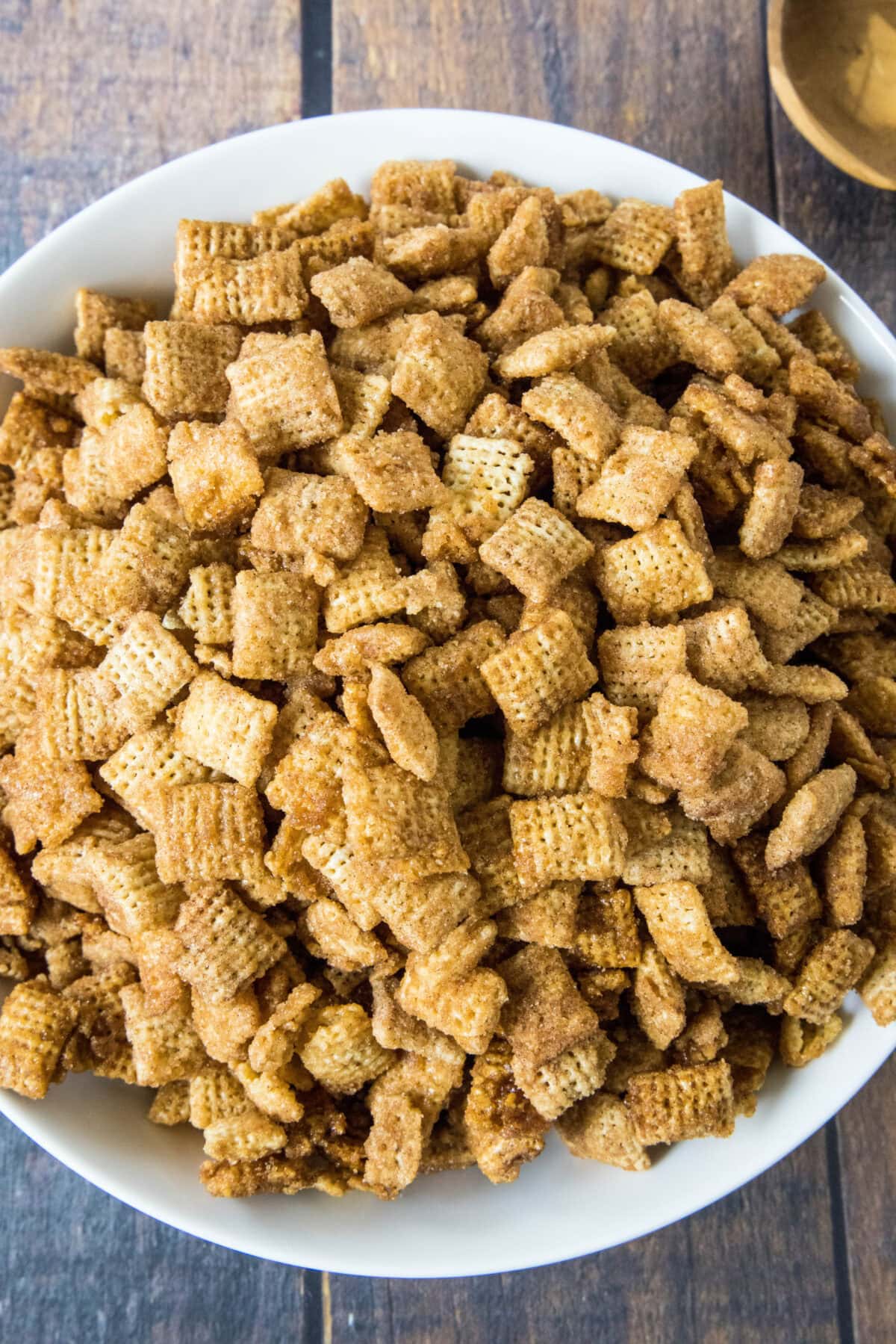 looking down on a bowl of churro chex mix