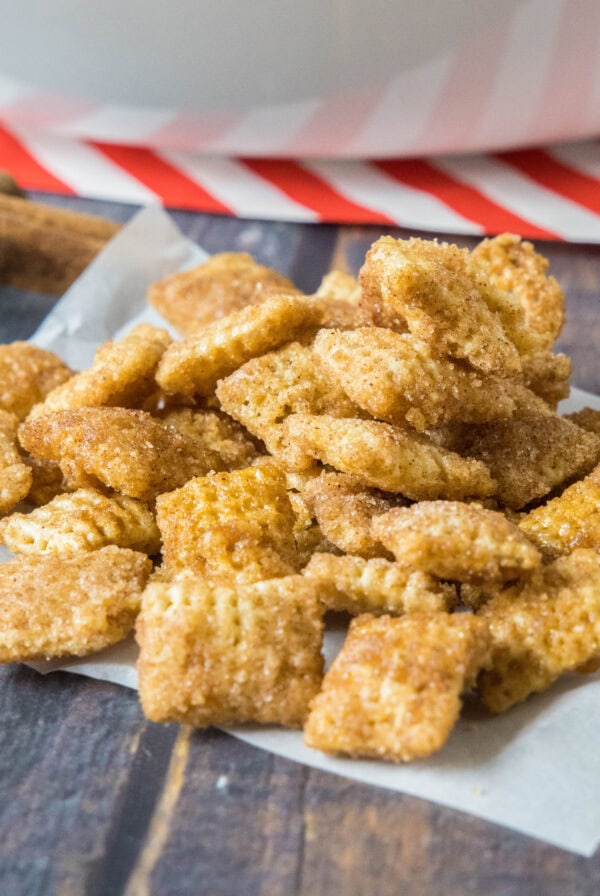 cropped close up churro chex mix on parchment paper