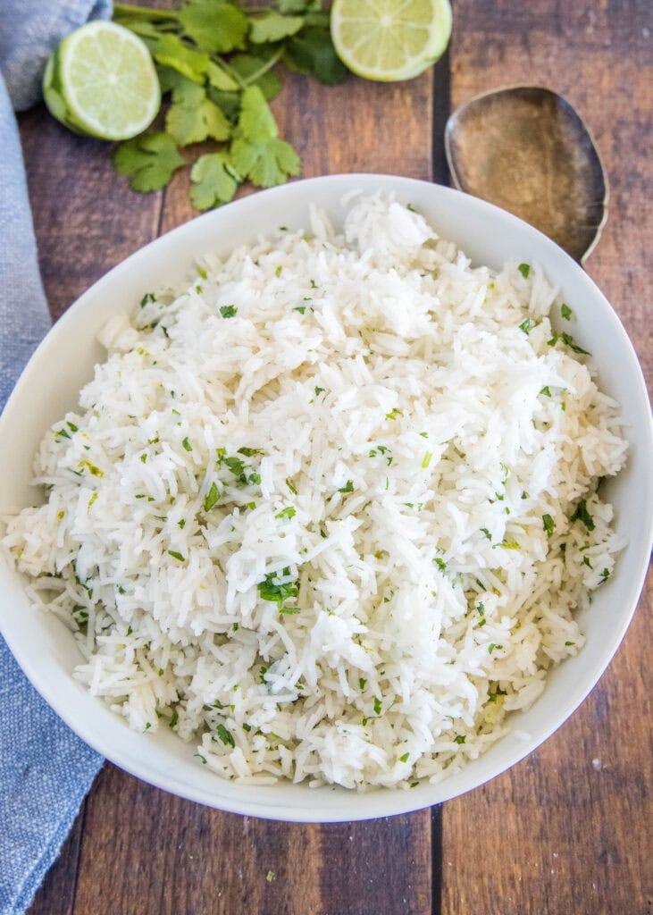 cilantro lime rice in a white bowl