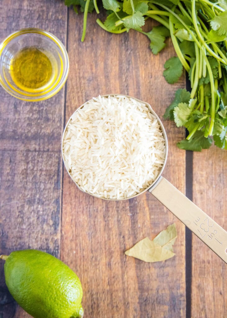 ingredients for cilantro lime rice on a table