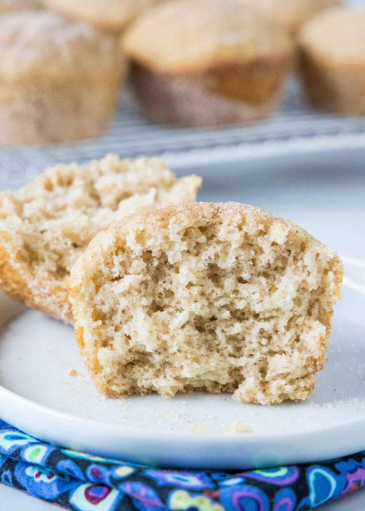 cinnamon muffin broken in half on a plate