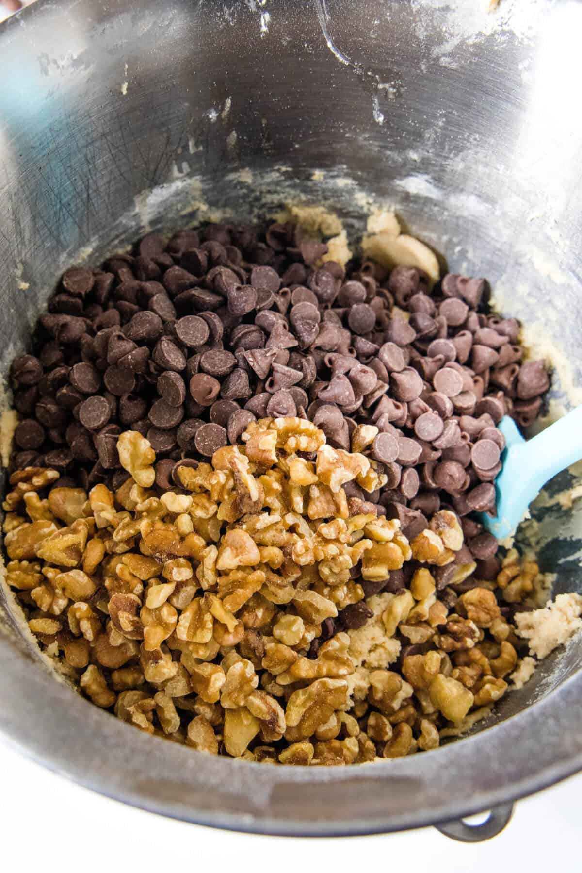 Chocolate chips and walnuts added to batter in a metal mixing bowl.
