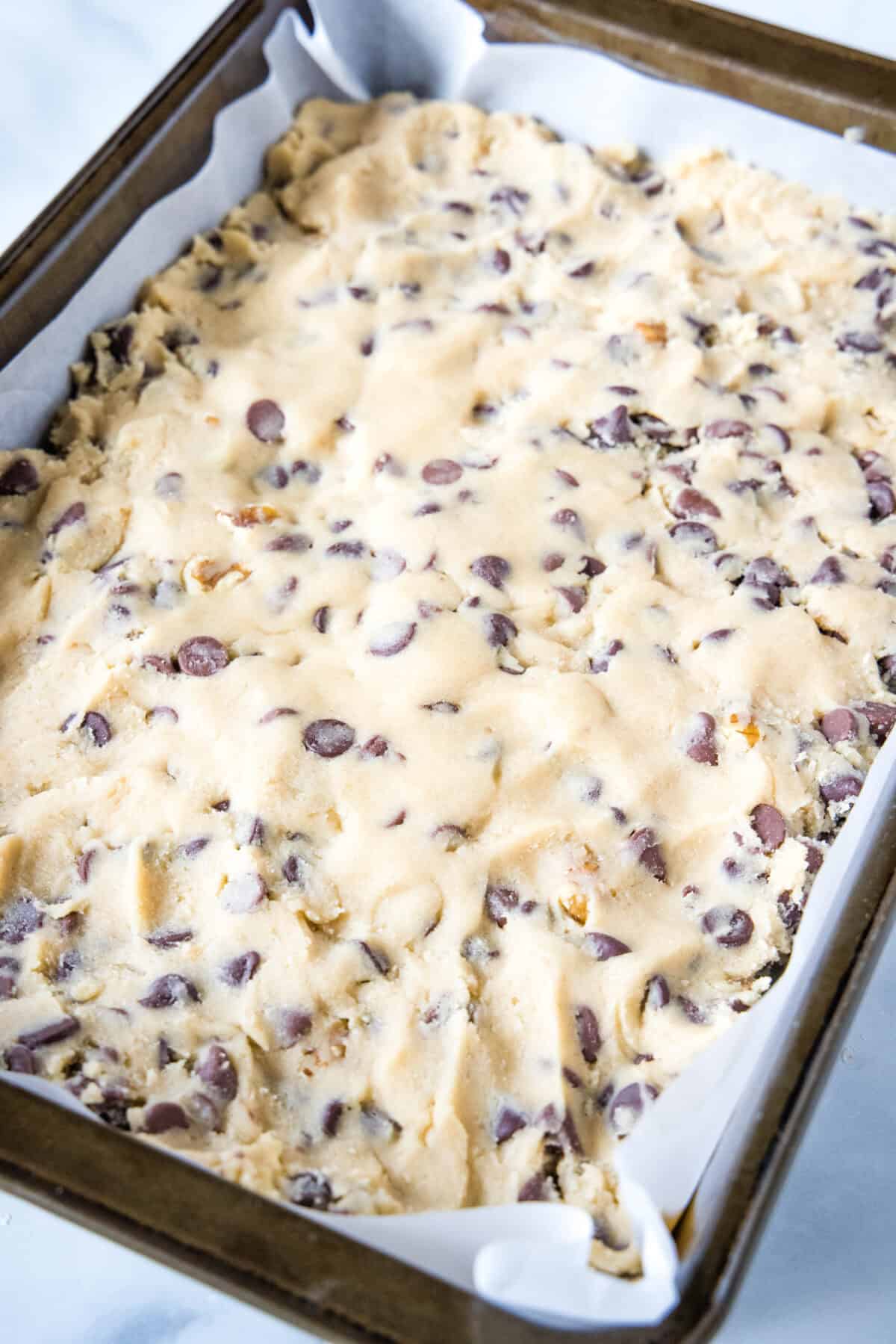 Congo bars assembled in a baking pan.