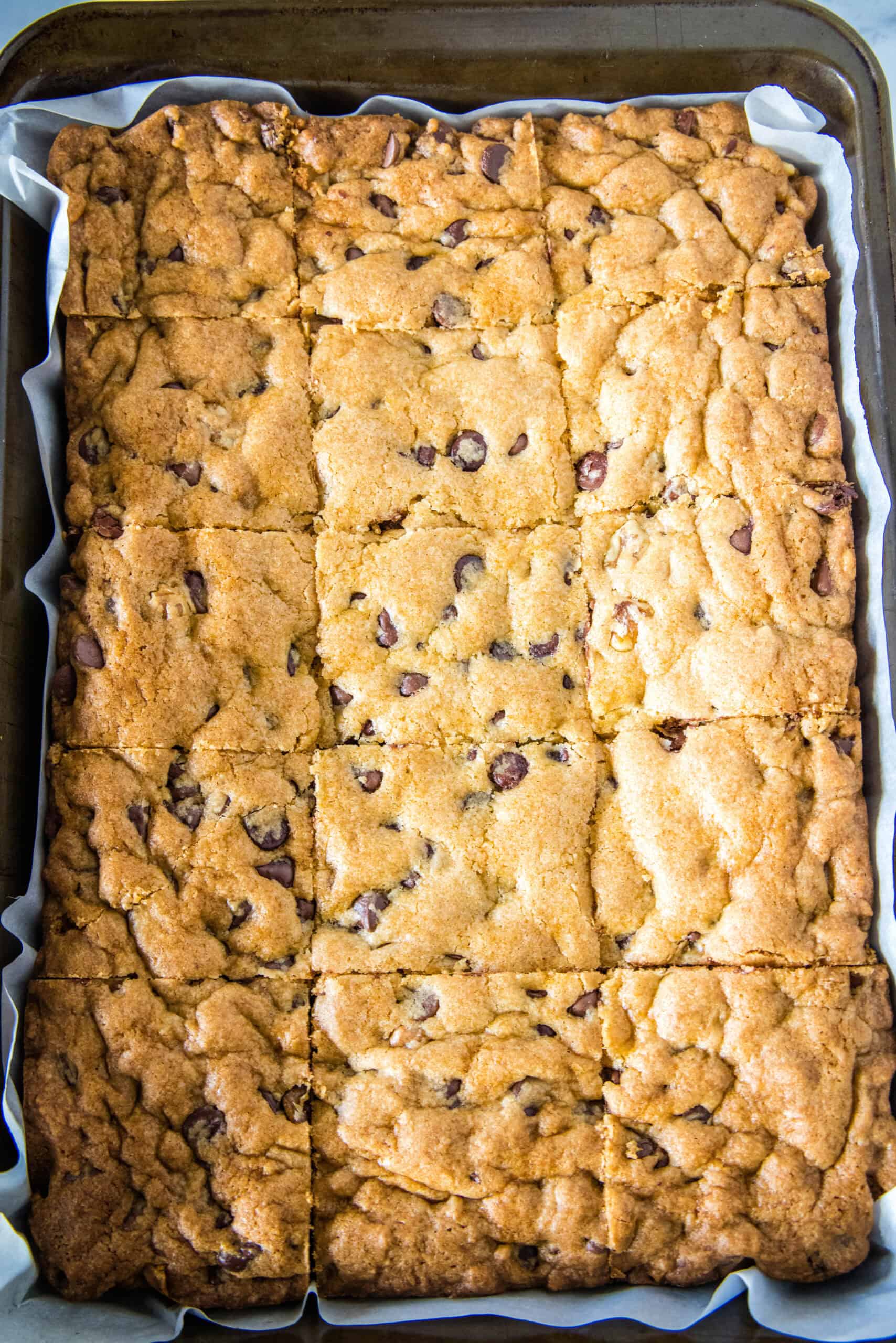 Overhead view of Congo bars cut into squares inside a baking pan.