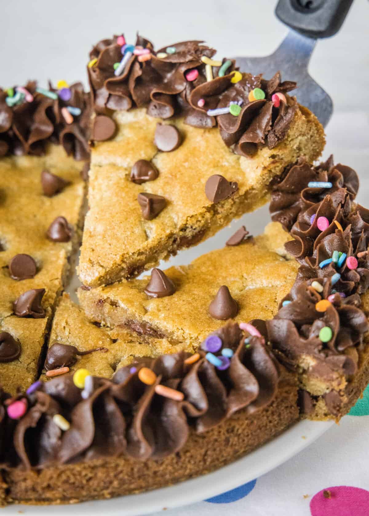 a slice of cookie cake on a spatula