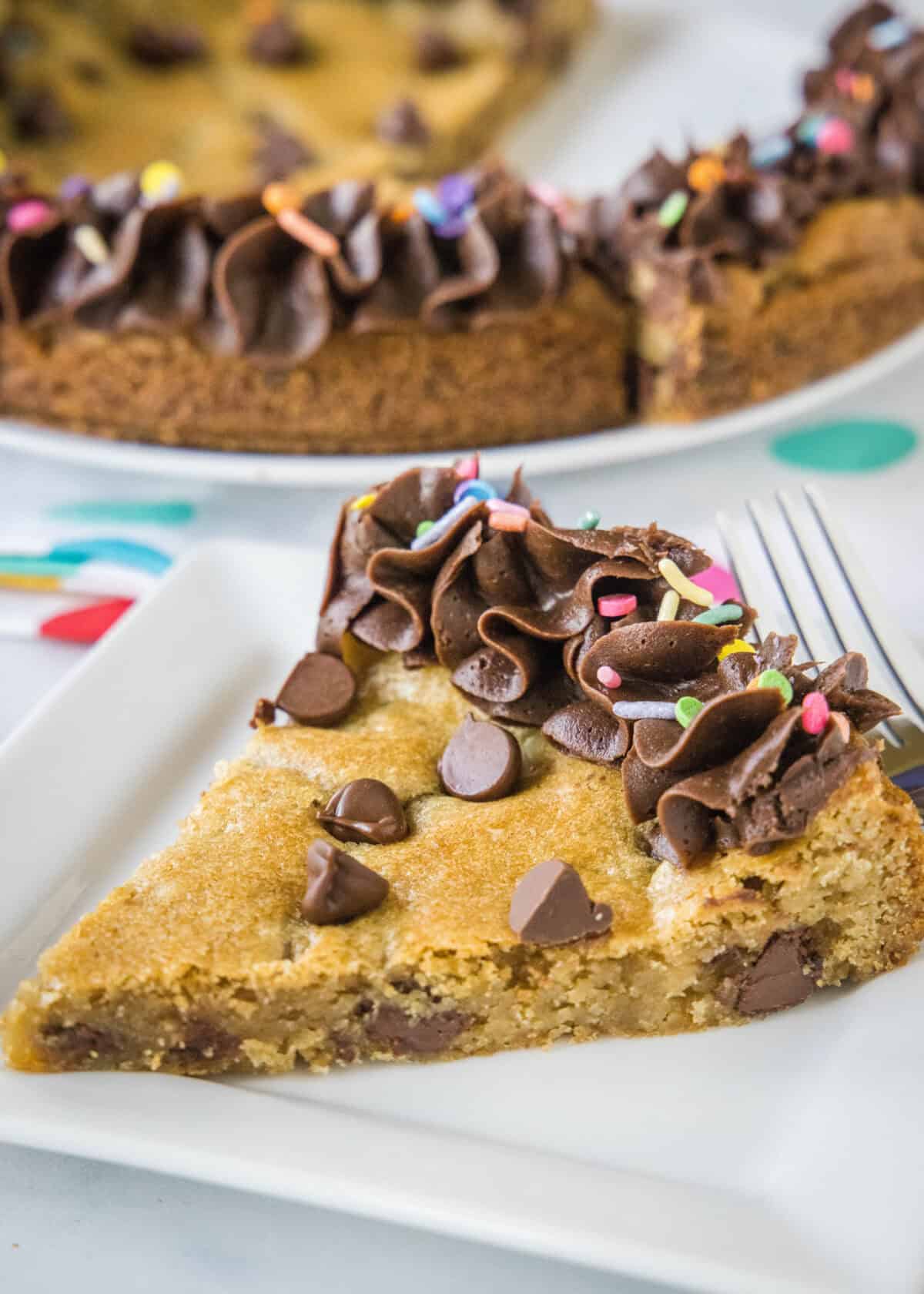 slice of cookie cake on a white plate