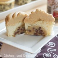 cookie dough cupcakes with biscoff frosting on a plate