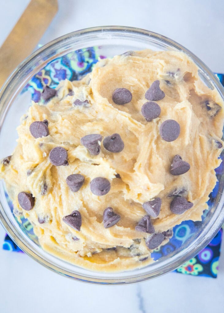looking down on a bowl with cookie dough frosting