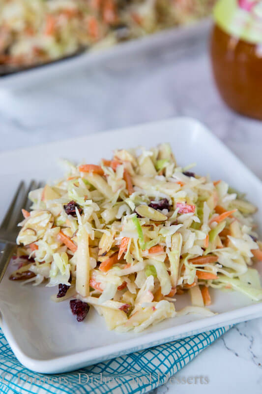 A close up of a plate of food, with Coleslaw and Apple
