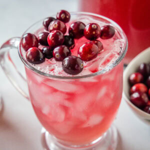 cropped close up cranberry punch in a glass with cranberries
