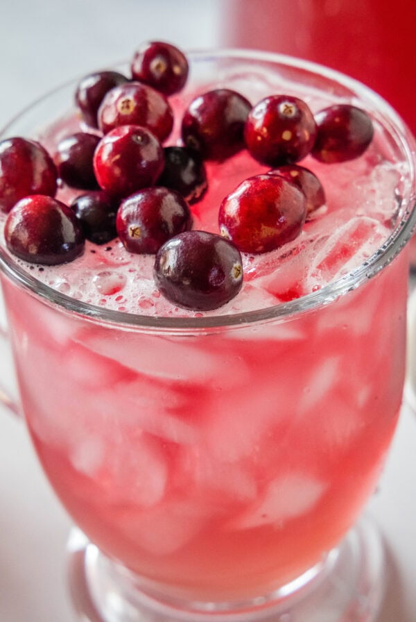 cropped close up cranberry punch in a glass with cranberries