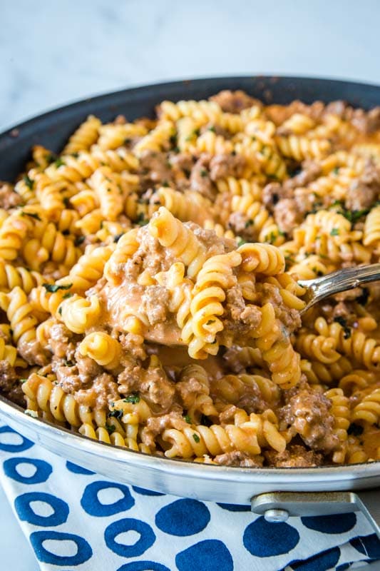 skillet full of creamy beef pasta