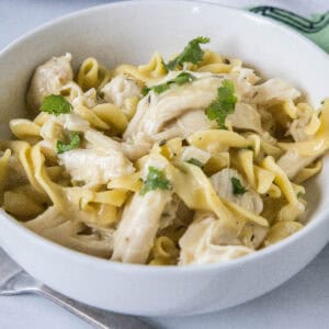 cropped close up crockpot chicken and noodles in a white bowl