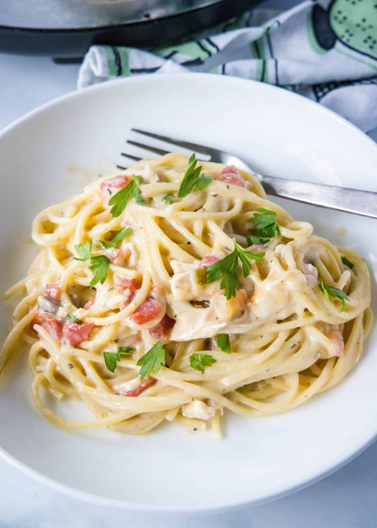 crockpot chicken spaghetti on a white plate