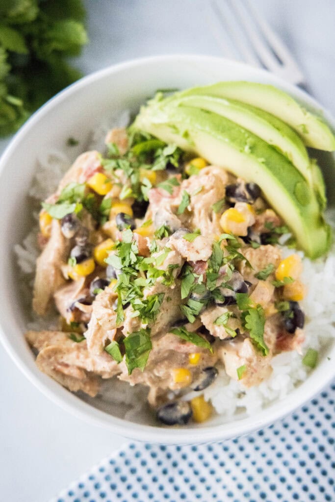 looking down on a bowl of fiesta chicken and rice