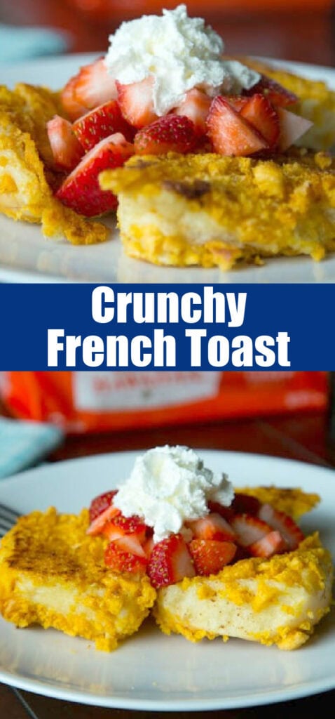 close up french toast on a plate topped with strawberries