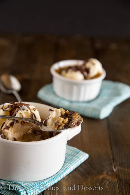 Deep Dish Chocolate Chip Cookies for Two -An ooey, gooey, chocolate-y deep dish cookie that makes just enough for two people. A homemade version of the famous Pizookie.