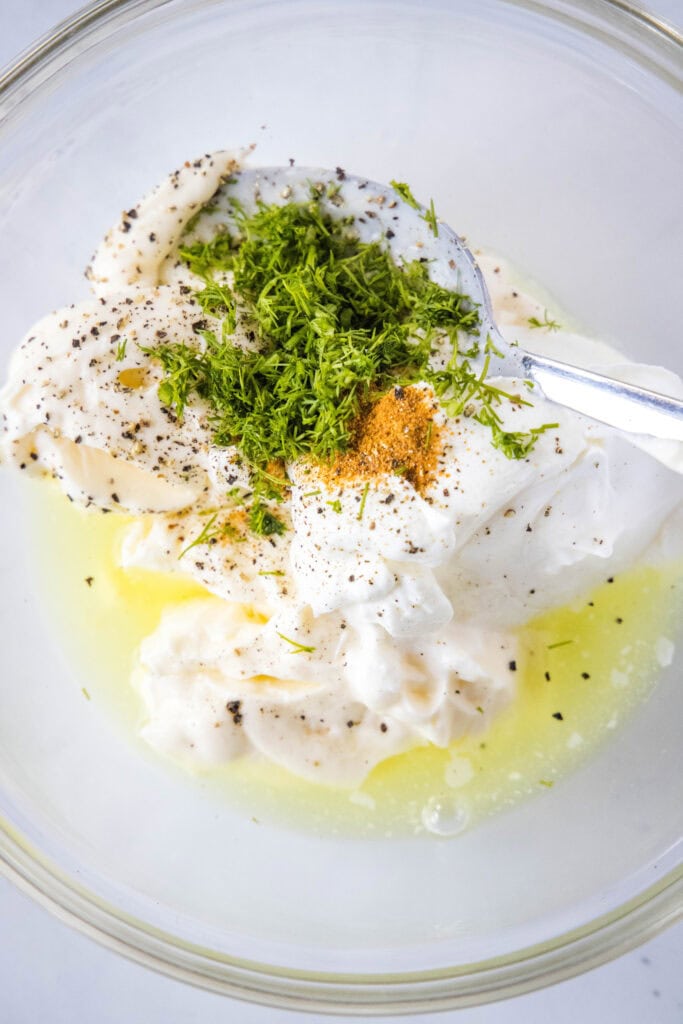 pickle pasta salad dressing in a bowl
