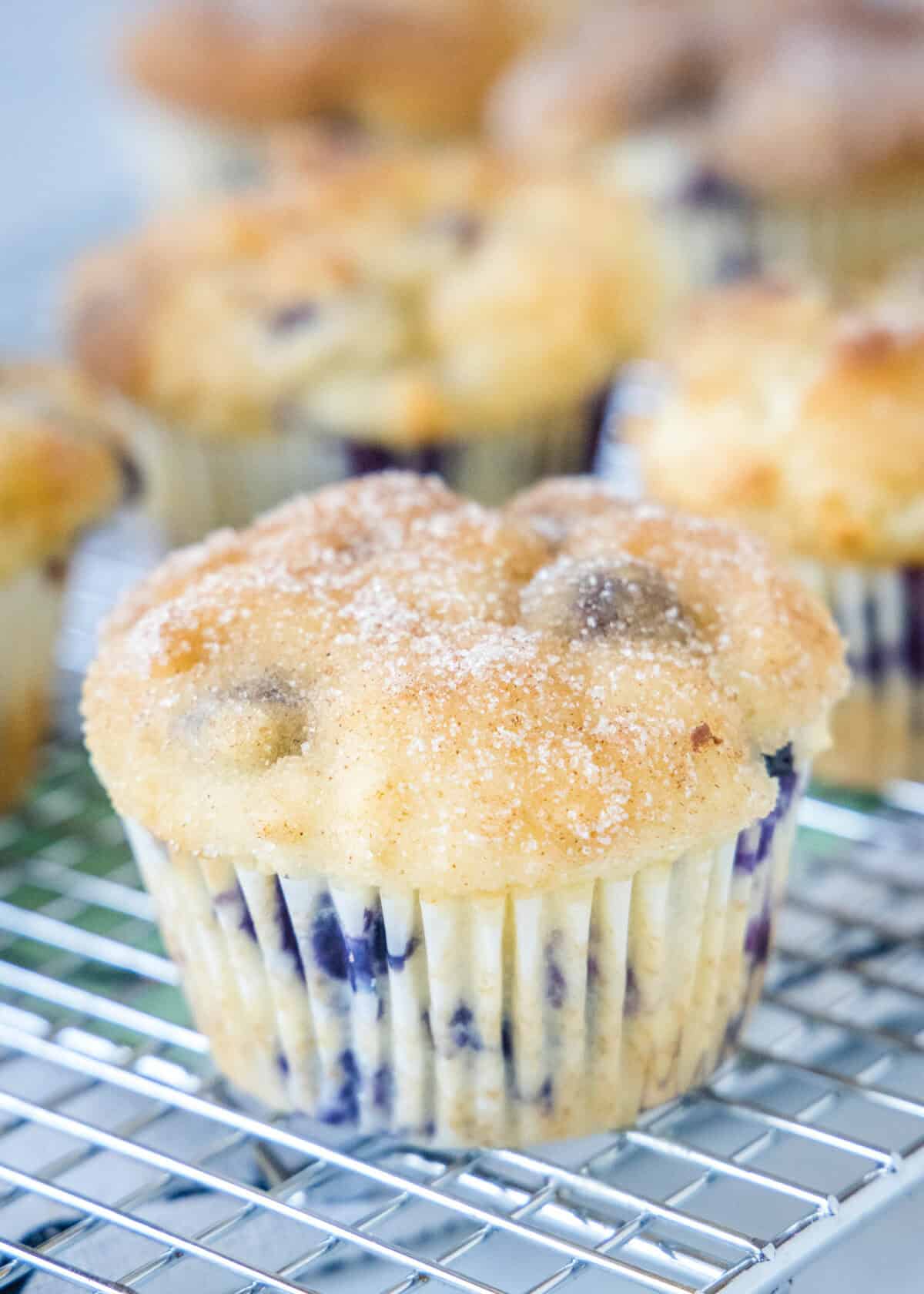 blueberry muffin with sugar topping on a cooling rack