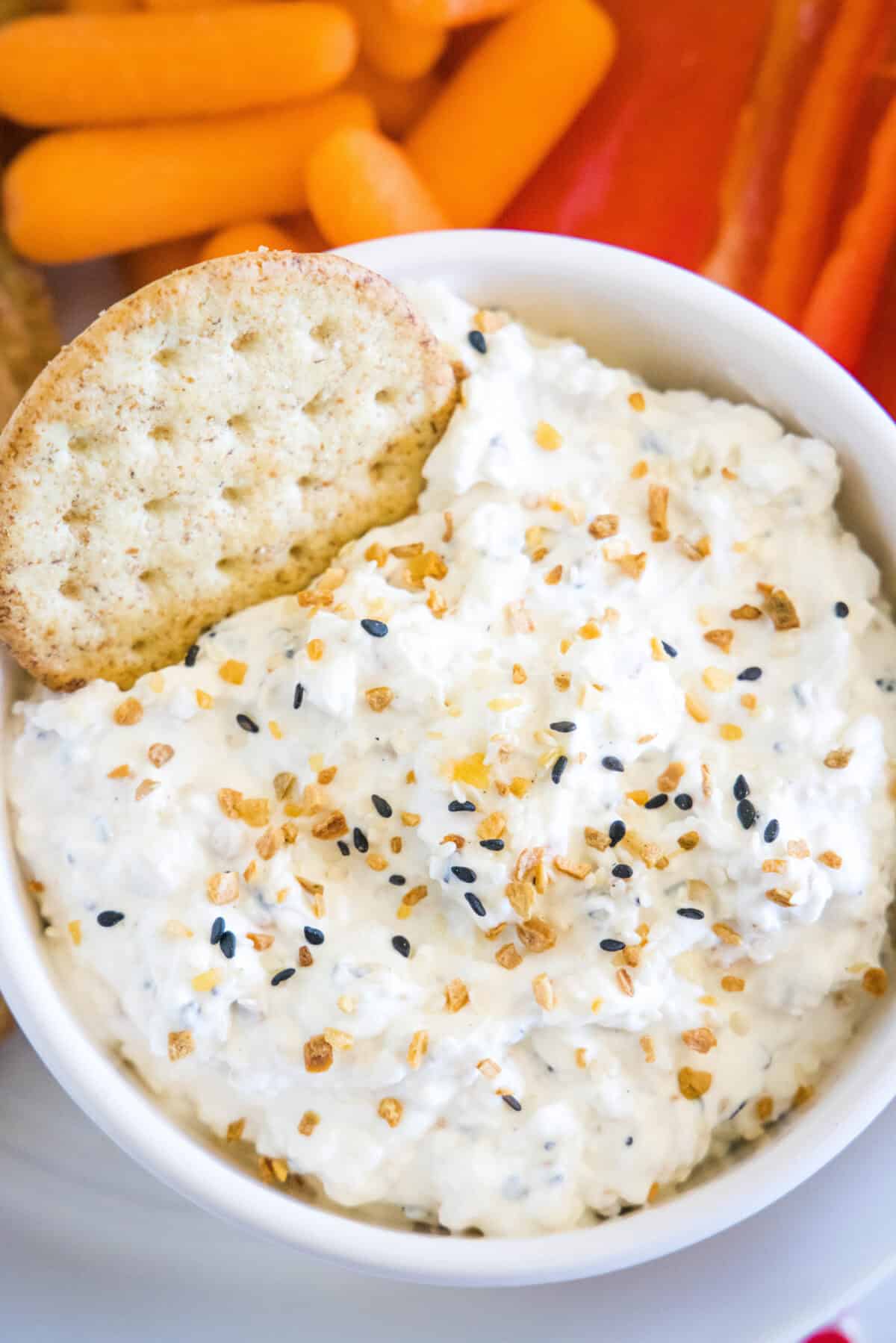 looking down on a bowl of everything bagel dip