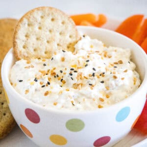 cropped close bowl of everything bagel dip with a cracker