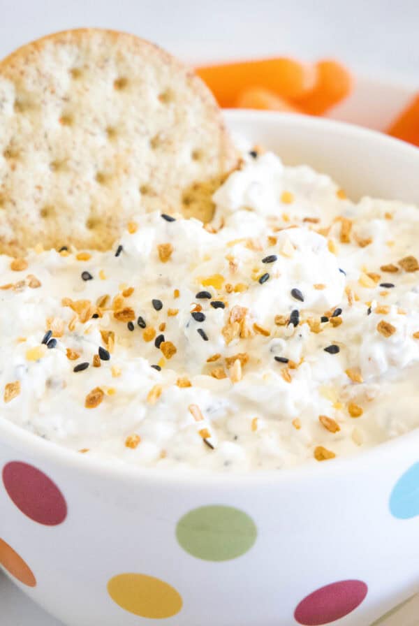 cropped close bowl of everything bagel dip with a cracker