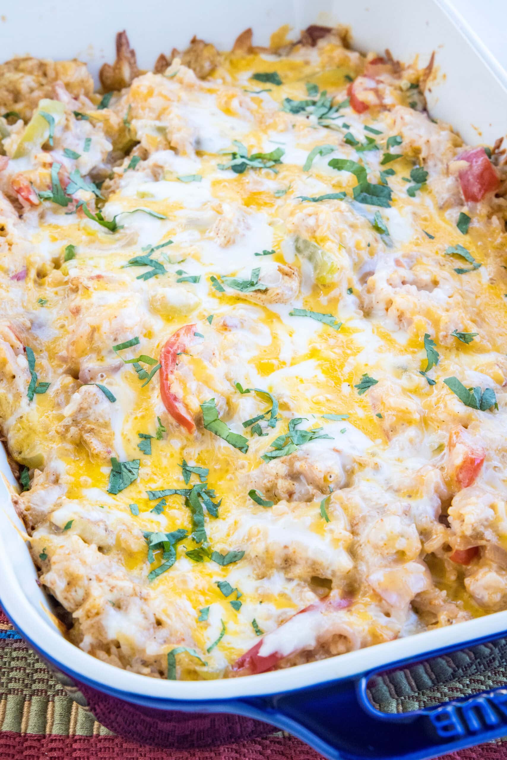 Baked chicken fajita casserole in a baking dish.