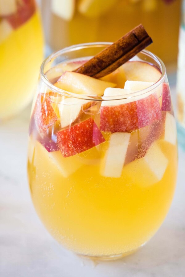 close up glass of white fall sangria