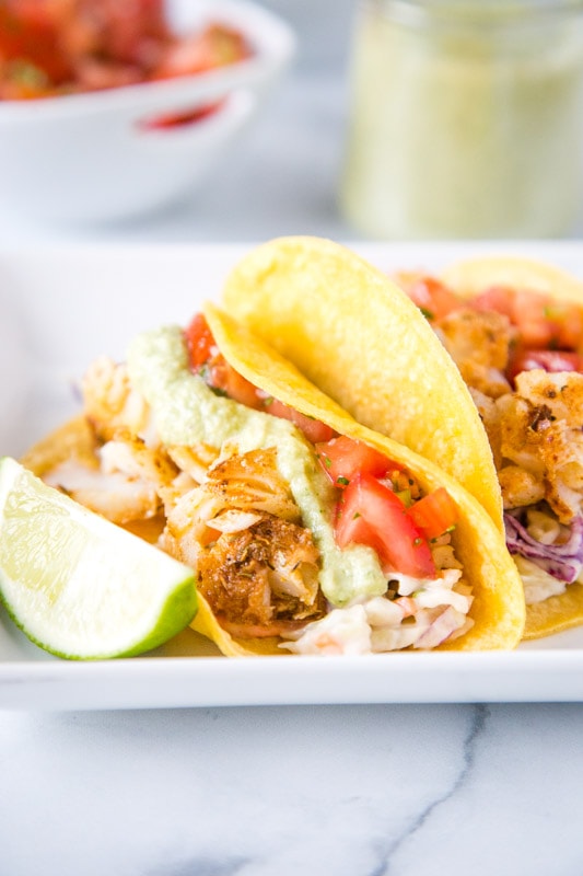 easy fish tacos on a white plate