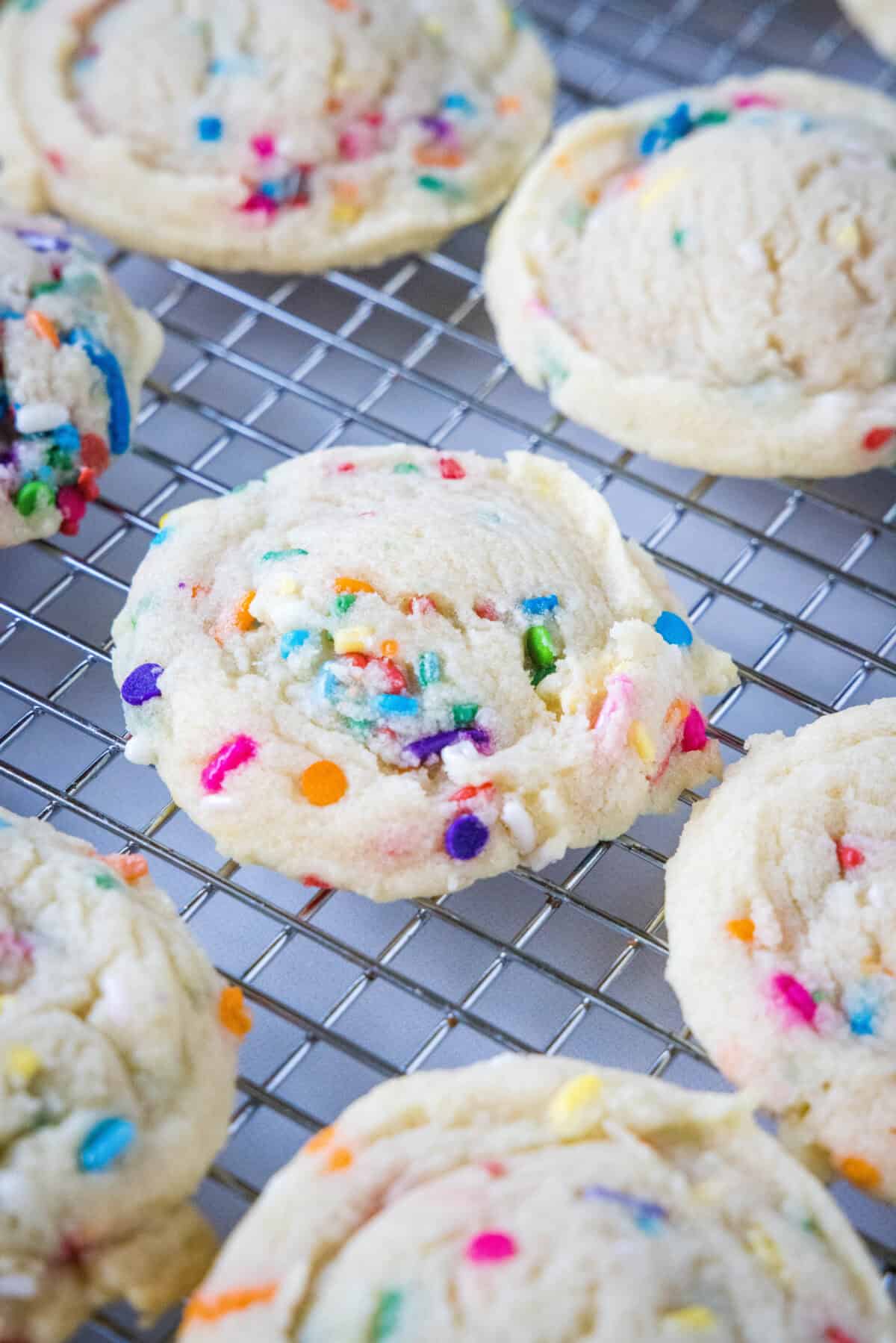 funfetti cookies on a cooling rack