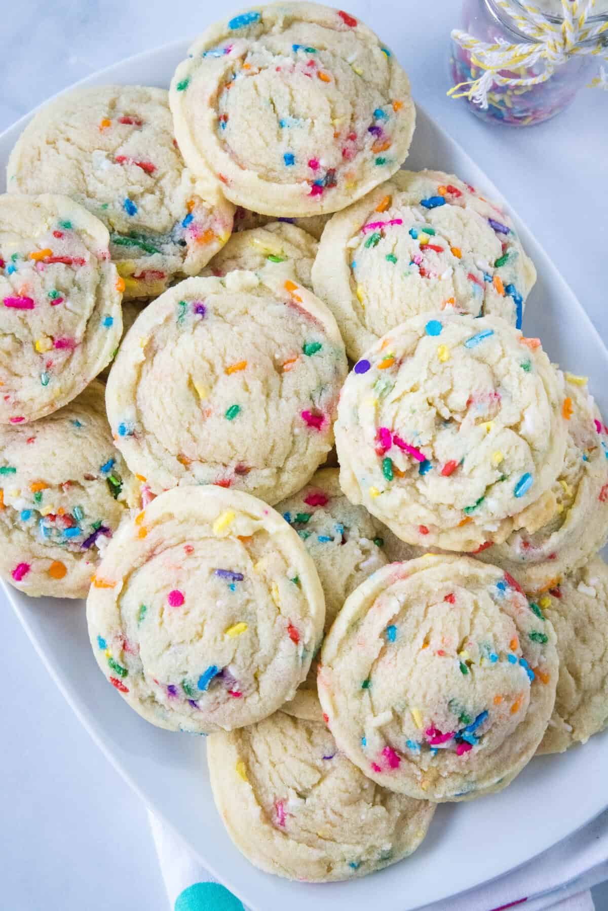 looking down on a plate of funfetti cookies