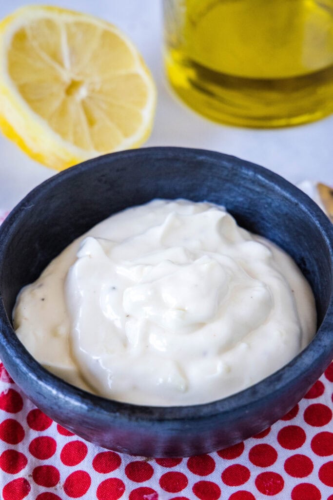 black bowl with garlic aioli